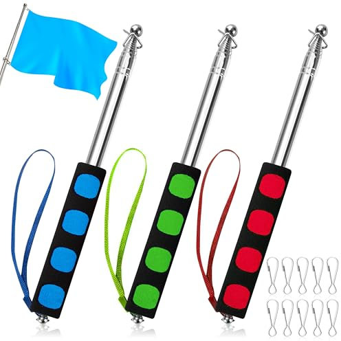 Heveer Telescopic Flag Pole 3pcs 1 M Stainless Steel Handheld Flag Pole Portable Extendable Flag Pole with 10 Pieces Flag Pole Clips for Teacher Tour Guide