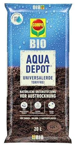 COMPO BIO AQUA DEPOT Universalerde torffrei, 20L | mit Wasserspeichergel, speichert +1,25L Wasser, weniger gießen, 5 Wochen Nährstoffe, für Zierpflanzen, Gemüse, Obst & Kräuter