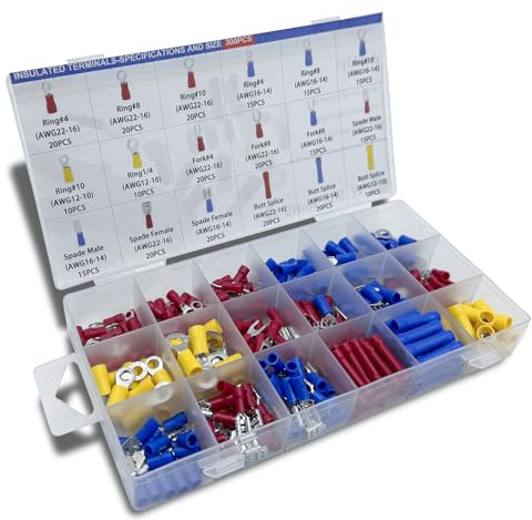 Yumkiyi 300Pcs Wire Connectors Kit, Crimp Terminals Kit Includes Quick Disconnect Insulated Butt, Spade, Ring, and Fork Electrical Connectors for Wiring,Marine,Cable.