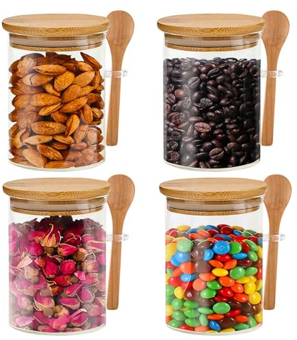 Qoqidun Glass Storage Jars With Bamboo Airtight Lids and Spoon, 540ml Containers, Kitchen Canisters for Candy, Cookie, Rice, Sugar, Flour, Pasta, Nuts, Set of 4