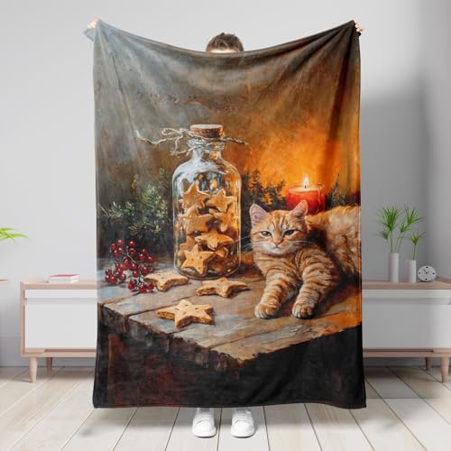 Ginger Cat Biscuits Jar Blanket, Warm Autumn Orange Cozy Throw Blanket, Fall Holiday Decor for Sofa, Bed, All Season 60x80 Inch