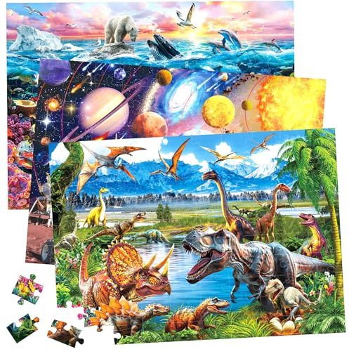 Puzzles for Kids Ages 4-6, 3 Pack 100 Pieces Large Puzzles for Toddlers 3-5 (Dinosaurs, Outer Space, Ocean Life), Learning & Educational Games for Kids 6-8, 19.75” x 13.75”