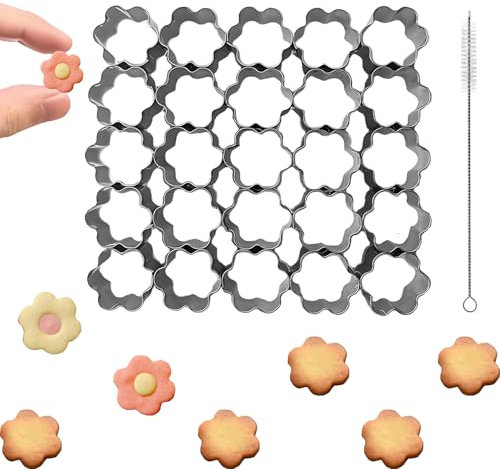 25 Cavity Flower Cookie Cutter, Stainless Steel Mini Flower Cracker Cutter with Cleaning Brushes, Daisy Cookie Cutter, for Cakes Biscuits Vegetable Cutter and Sandwiches