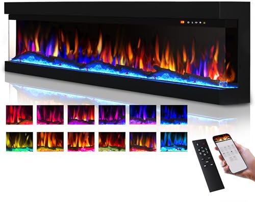 Elektrokamin 50 -3-seitiges Glas Eingebauter Elektrischer Kamin，13 Mehrfarbige Flammen, Heizung, DIY Kristall & Log Set, Smart App & Fernbedienung