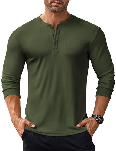 COOFANDY långärmade tröjor för män, Henley-skjorta, långärmad t-shirt med knappslå långärmad skjorta, långärmad t-shirt, ribbad Henley-tröja