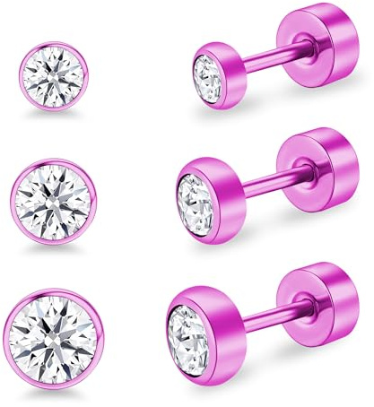 Artskin Pendientes de mujer de titanio con espalda plana, pendientes de cristal hipoalergénicos, pendientes de cartílago de plata, 3 mm/4 mm/5 mm, plata/negro/oro/rosa