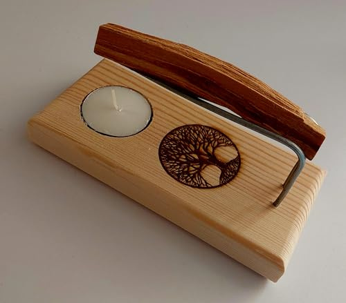 Quemador Hecho a Mano para Palo Santo, Inciensos o Atados, Arbol de la Vida, con Varillas metalicas, Palo Santo y Vela de te. Armoniza Tus Espacios, da Paz y Tranquilidad.