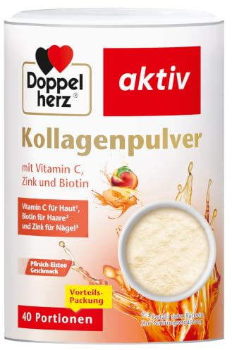 Doppelherz Kollagenpulver Pfirsich-Eistee | mit Vitamin C, Zink und Biotin, 5000 mg Kollagenhydrolysat je 7,5 g Pulver - 40 Portionen