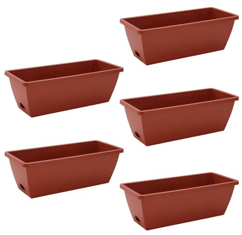 5 Pcs Rectangle Plant Pots, Outdoor Plastic Trough Planter with Drainage Holes & Removable Tray for Succulent & Herbs, Vegetable Flower Plant Pots for Indoor Home Outdoor Garden (Brick Red)