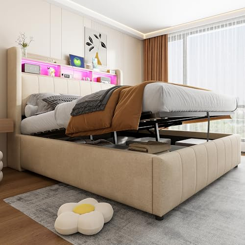 Laxnb Bett 140x200 cm Polsterbett Doppelbett, Jugendbett Betten mit Stauraum, Kopfteil mit LED&USB und Regal, Hydraulisches Stauraumbett Bettgestell Bett mit Lattenrost, Leinen Beige, Ohne Matratze