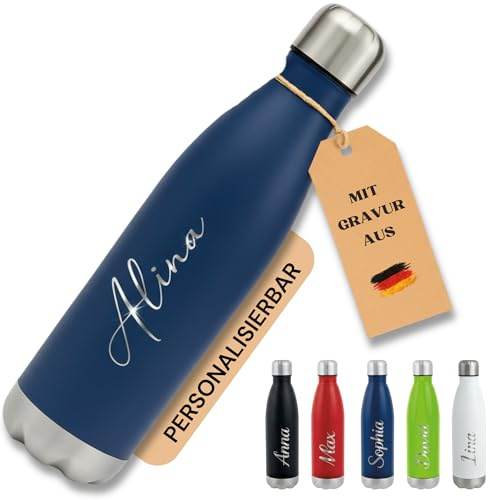 SMARTEON Trinkflasche personalisiert mit Namen – Edelstahl Isolierflasche mit Gravur – Personalisierte Sportflasche Erwachsene & Kinder – Thermosflasche personalisiert – Flasche mit Namen (Blau)
