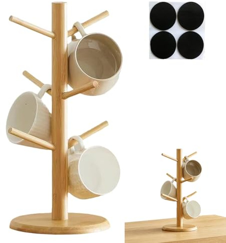 WaaRiuQ Mug Tree 6 Mugs with 4 Non-Slip Pads, Wooden Mug Holder for Kitchen, Cup Holder Kitchen, Mug Stand for Coffee Tea Cups, with Anti-Slip Weighted Base Compact for Space Saving