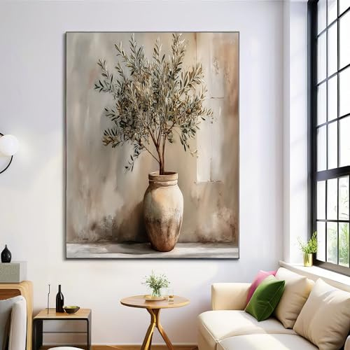Olivenbaum Im Topf Leinwand Wandkunst, Vintage Bilder Wanddekoration, Leinwand Gemälde Beige Grau Kunstwerk Für Wohnzimmer Schlafzimmer Wanddekoration 80x120cm Ungerahmt