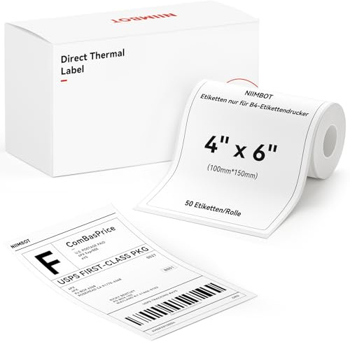 NIIMBOT Versandetiketten für B4 Etikettendrucker, 4x6 Zoll 100 x 150mm 50 Etiketten pro Rolle, Thermo-Etikettenband für Barcode, Amazon, Etsy, Shopify, Royal Mail, DHL, FedEx, DPD, GLS, UPS, Weiß