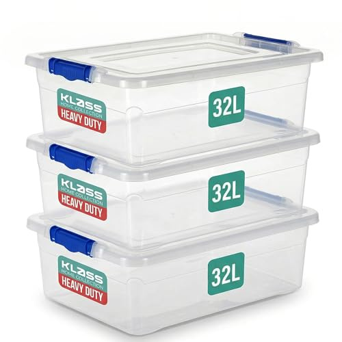 Klass Home Collection 3 x 32 Litre Storage Boxes with Lids Set of 3, Clip-Lock Lid, Sturdy 32L Clear Stackable Plastic Storage Box With Lid Containers For Home, Kitchen, Moving, Garage & Office