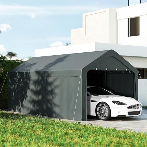 Outsunny Carpa Garaje Portátil 3x6 m Impermeable y Anti-UV para Coche con Paredes Laterales Desmontables y 2 Puertas Enrollables, Garaje Exterior y Cobertizo para Herramientas de Jardín, Gris Oscuro