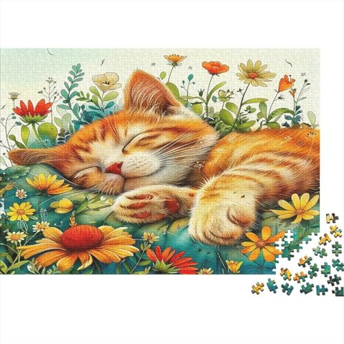 Gatto Arancione Puzzle 1000 Pezzi Puzzle per Adulti Carta Prato Fiorito Gioco di Puzzle 1000 Pezzi Relax Decorazione Regalo Famiglia 52x38cm/1000pcs