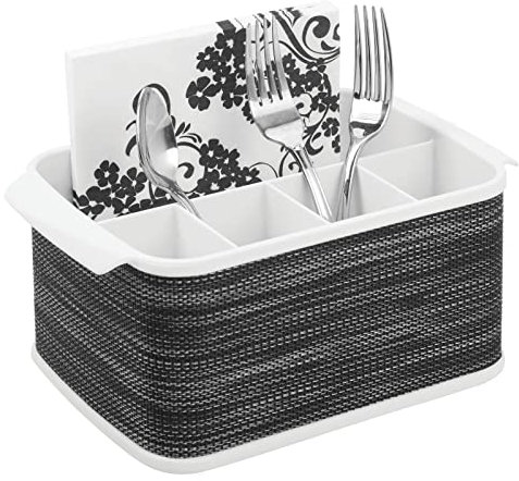 mDesign Cubertero con asas – Decorativo cesto portacubiertos para la cocina, el comedor o para ir de picnic – Bandeja para cubiertos con 5 compartimentos – blanco/gris oscuro
