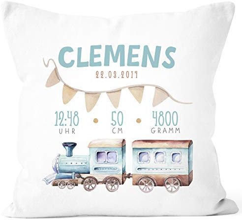 SpecialMe® personalisierbares Kissen zur Geburt, Geburtskissen für Jungen mit Zug, Namenskissen Geschenk Geburt Baby, Kissen-Bezug ohne Füllung weiß Unisize