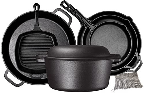Juego de 6 piezas de hierro fundido pre-sazonado, juego de regalo, doble holandés, multicocina, sartén y parrilla cuadrada, juego de utensilios de cocina para camping