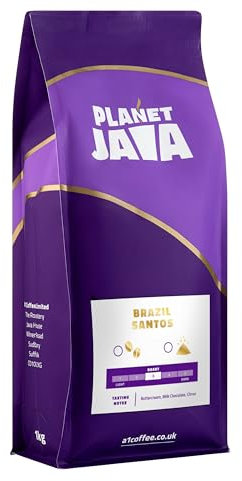 Planet Java Brazilian Santos Coffee Beans 1kg, 100% Arabica Medium Roast, Small Batch Hand Roasted In The UK, Resealable Bag
