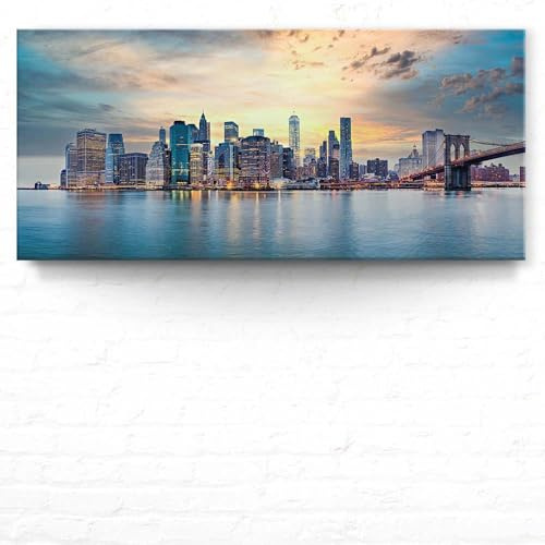 BilderKing Wandbild Skyline New York City - 110cm x 50cm Leinwand auf Fertigrahmen + Aufhänger