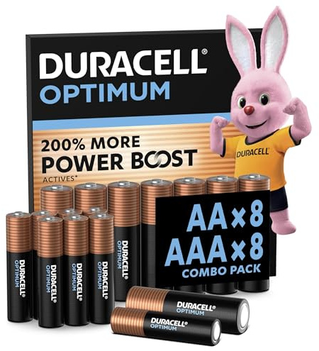 DURACELL Optimum Pilas AA&AAA (Paquete combinado de 16) – Pilas alcalinas 1,5 V – 200 % más de activos POWER BOOST – Para dispositivos modernos – Envase 100 % reciclable – MX1500