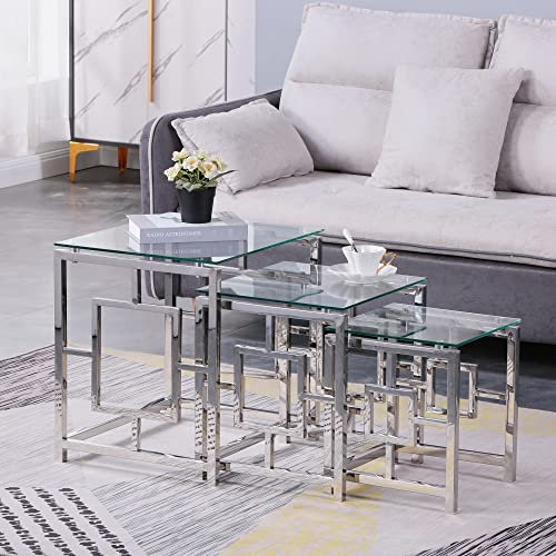JaHECOME Satztisch 3er Set Couchtisch Beistelltisch aus Edelstahlgestell und Hartglas für Wohnzimmer modernes Design Sofatisch (Silber Transparentes Glas Set of 3)