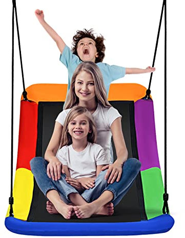 COSTWAY Nestschaukel verkrümmt bis 150kg belastbar, 120-180cm verstellbares Seil, Hängeschaukel Baumschaukel, Outdoor Mehrkindschaukel Gartenschaukel für Kinder & Erwachsene (Bunt)
