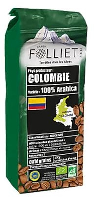 CAFÉS FOLLIET - Café En Grains Bio - Pure Origine Colombie - Torréfaction traditionnelle - Intensité 6/10-100% Arabica - 1 kg