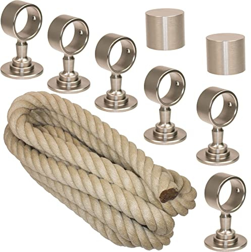 Handlaufseil-Set Ø 30 mm – 6 m Polyhanf-Seil „Nature Touch“ naturfarben mit 2 Endkappen & 6 Seilträgern, vernickelt | Treppe & Geländer