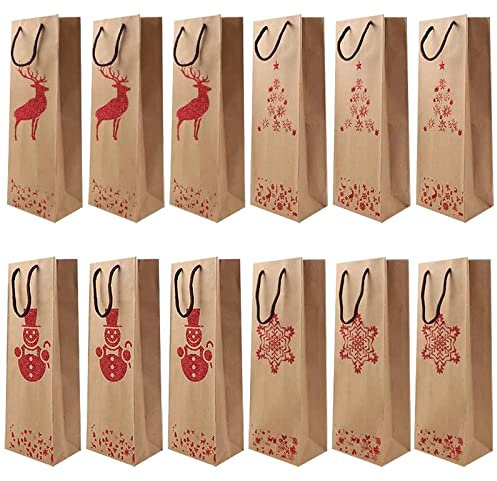 12 Stück Geschenktüten Weintasche Flaschentüten, 36×13×8 cm Weihnachten Weintüten, Flaschentüten Weintüten, Kraftpapier Flaschen Tüten Geschenktaschen mit Henkel für Weinflaschen Verpackung