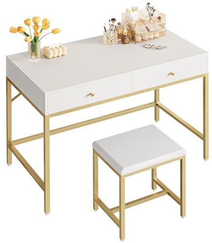 SUPERJARE 35.4 White and Gold Desk with 2 Drawers, Modern Makeup Vanity with Padded Stool, Small Computer Desk Home Office Desk for Writing Study Bedroom