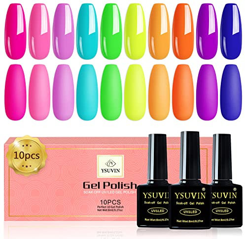 YSUVIN Smalto Semipermanente Unghie, 10 Colori Neon Fluo Rosa Verde Fluorescente Arancio Giallo Viola Unghie Kit Soak Off UV/LED per Halloween Nail Art Gel Nail Polish Set, 8ML