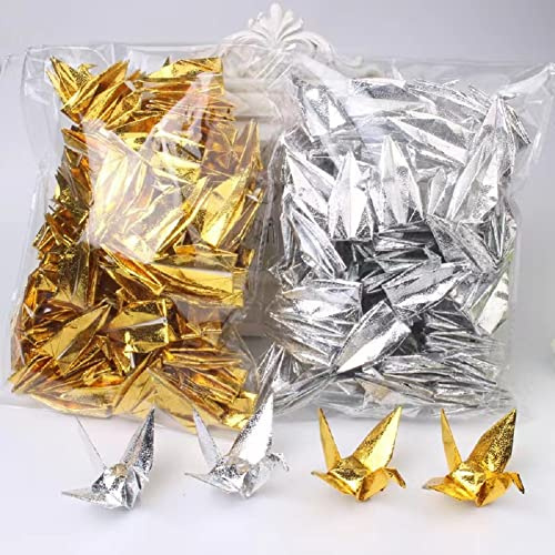 100PCS Gold Premade Iridescent 3.94 Origami Paper Cranes Folded 1000 Japanese Cranes Mobile String DIY Doves Garland for Valentine's Day Wedding Party Backdrop Decorations Birds Confettis