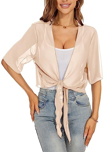 HANERDUN Coprispalle Donna Elegante Cerimonia Bolero Cardigan Chiffon Maniche Corte Giacca Corta Shrug con Chiusura a Cravatta Estivo Primavera Autunno