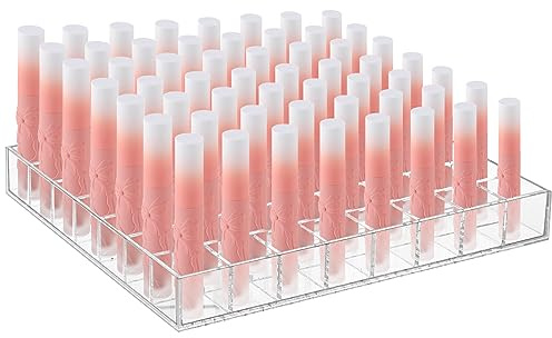 Mumufy Lipstick Holder Clear Acrylic Organizer Makeup Lip Gloss Organizer Plastic Cosmetic Display Case for Lipstick Brushes Bottles Perfume Essential Drawer Vanity Bathroom (56 Slot)