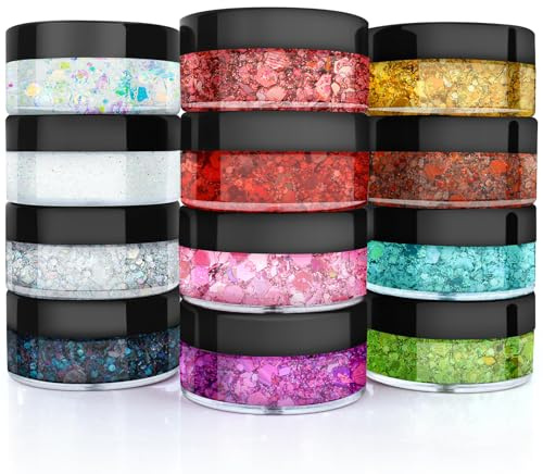 Body Glitter, Face Glitter, Hair Glitter,YGQQOY Holographic Concerts Festival Rave Chunky Glitter Gel, 12 Colors