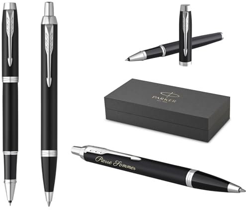 PARKER IM Core Tintenroller und Kugelschreiber mit Gravur | Premium Stift | Geschenkbox | schwarze Mine | personalisiertes Geschenk | Namen | graviert | Geburtstag (Matte Black C.C.)