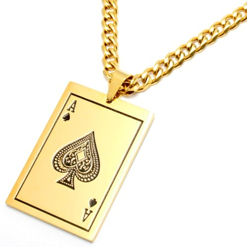 Schmuck-Checker Goldener Pik Ass Anhänger mit Halskette aus vergoldetem Edelstahl Poker Karte Glücksbringer Ace of Spades Panzerkette gold Männer Geschenk