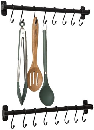 simplywire - Portautensili da cucina - Confezione da 2 - Supporto da parete per utensili e pentole - 16 ganci - Nero