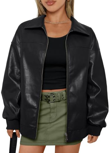 AUTOMET Womens Oversized Leather Jackets Zip Up Coats Faux Motorcycle Bomber Outfits Fall Trendy Fashion Winter Clothes 2026 Black S