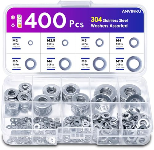 ANVINKU Unterlegscheiben Set, 400 Stück Flach Edelstahl Beilagscheiben | 8 Größen Sortiment M2 M2.5 M3 M4 M5 M6 M8 M10, Unterlegscheiben für Schrauben Bolzen Reparatur Wartung DIY Metall Holz Möbel