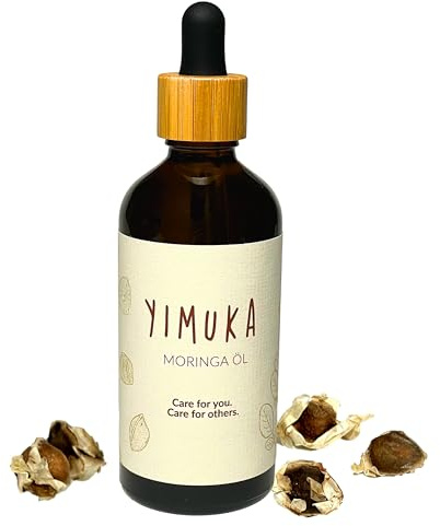 YIMUKA 100% Reines Moringa Öl 100ml - Veganes Hautpflegeöl - Unraffiniert & Nachhaltig - Perfekte Feuchtigkeitspflege - Bio, Fair & sozial in Braunglas mit Bambus-Pipette