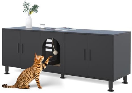 Amunrbrek Katzentoilettengehege für 2 Katzen, Katzenklo Gehege Möbel mit Doppelzimmer, Katzentoilette aus Holz mit Katzentür, Schwarz mit Beinen