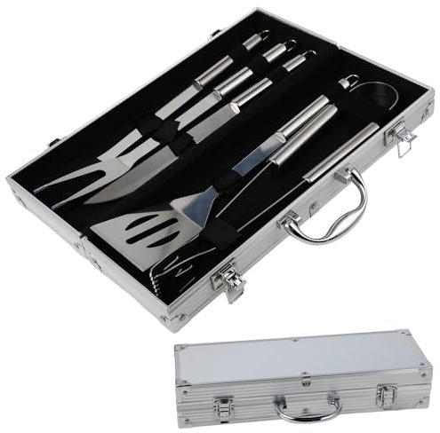 Set barbecue professionale in acciaio inox 5 pezzi - Utensili Barbecue Accessori barbecue regalo per uomini 37x12x7 cm valigetta in alluminio ideale per grigliate e cucina