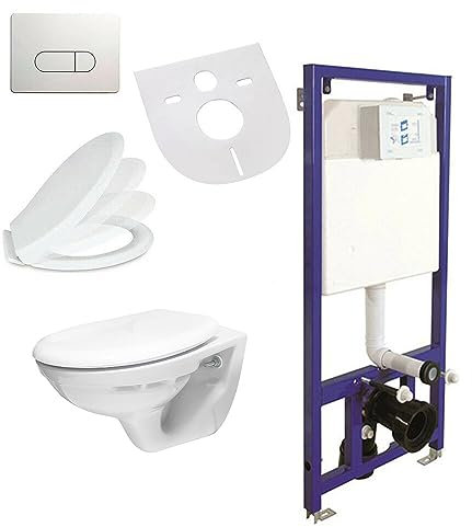 Belvit Hänge WC Komplettset - Basic Vorwandelement + Wand Toilette Weiß Tiefspüler mit Toilettendeckel mit Absenkautomatik + Betätigungsplatte + Schallschutz