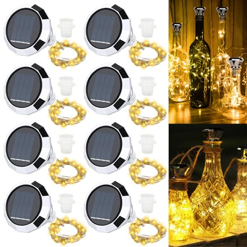 HIULLEN Confezione da 8 luci solari a LED, 2 m, 20 strisce di luci LED, tappi, tappi LED per esterni, bottiglie di vino, per bottiglie, decorazioni fai da te, feste, giardino