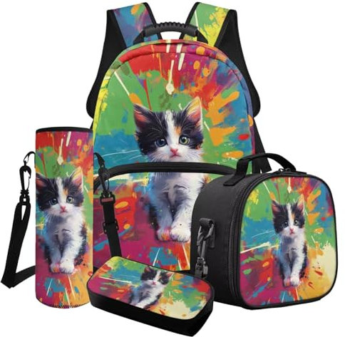Xoenoiee Cat Colorful Paint Splatter Pattern Kids School Backpack with Lunch Box Pencil Case & Water Bottle Holder Set for Boys Girls Elementary Middle School Student