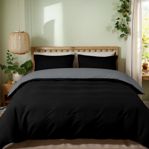 MIKI WELL King Size Duvet Cover Set - 3Pcs Reversible Bedding Sets King Size Black and Grey, Soft Microfiber Kingsize Quilt Cover with 2 Pillowcases 50x75cm